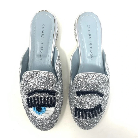 Chiara Ferragni Flirting Silver Glitter Beaded Flat‎ Mules Size 36 / US 6 - Picture 2 of 11